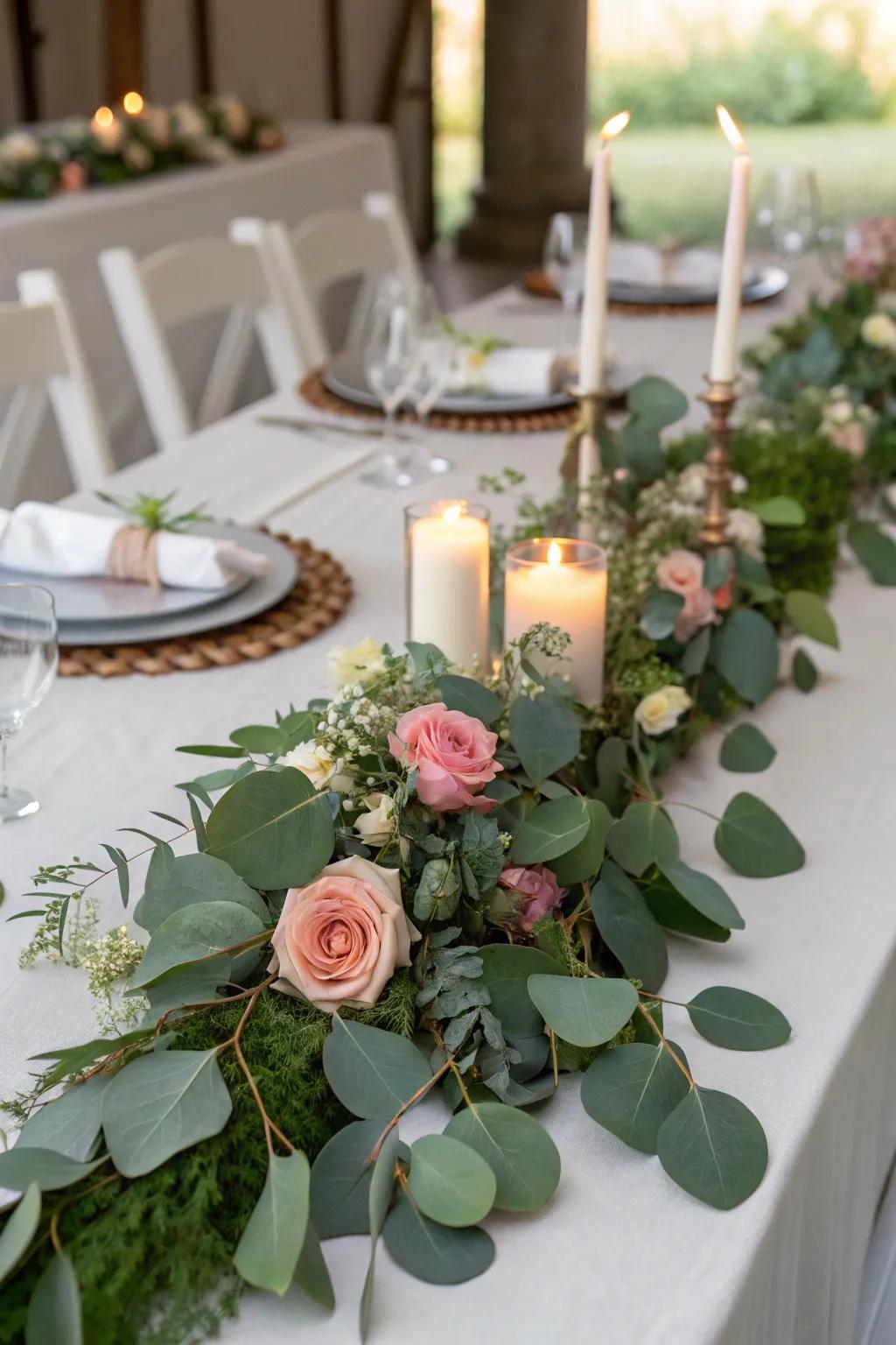 Luxurious table runners featuring eucalyptus and roses