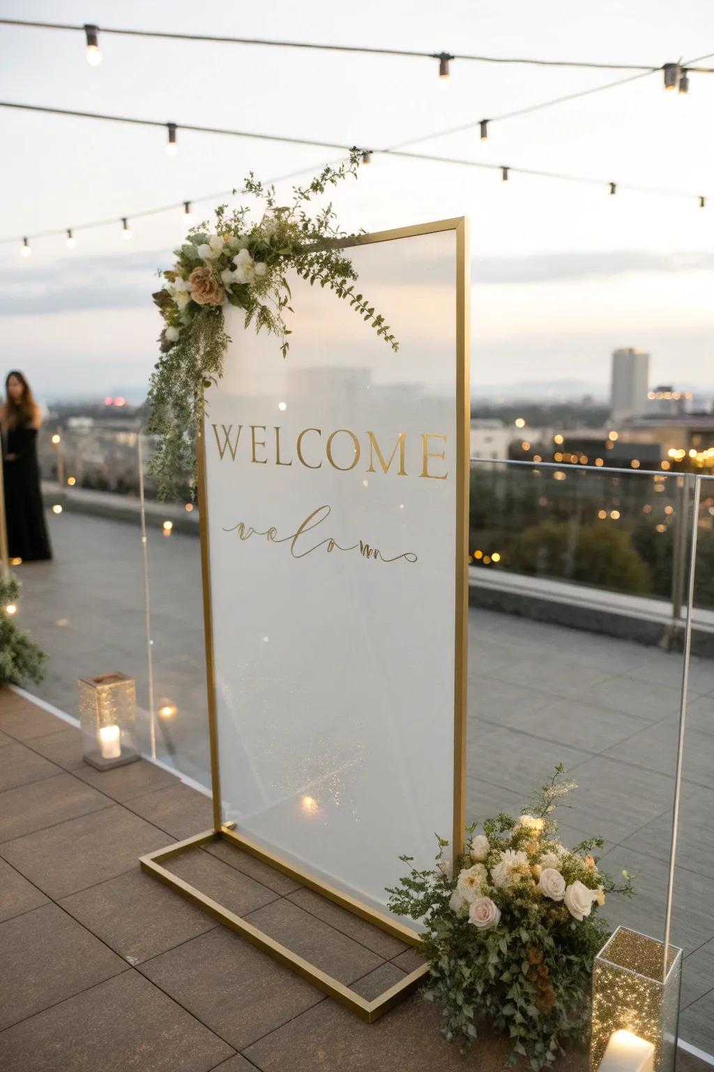 A sleek minimalist acrylic welcome sign with gold detailing, suitable for a rooftop wedding.
