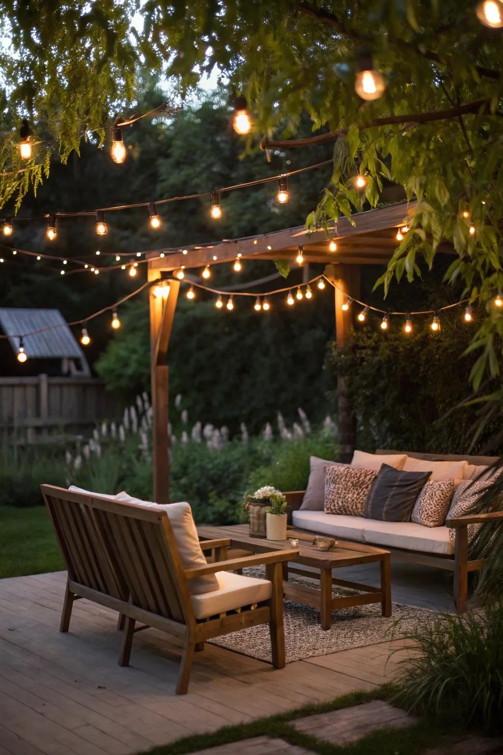 Twinkle lights add a warm, inviting glow to the patio.