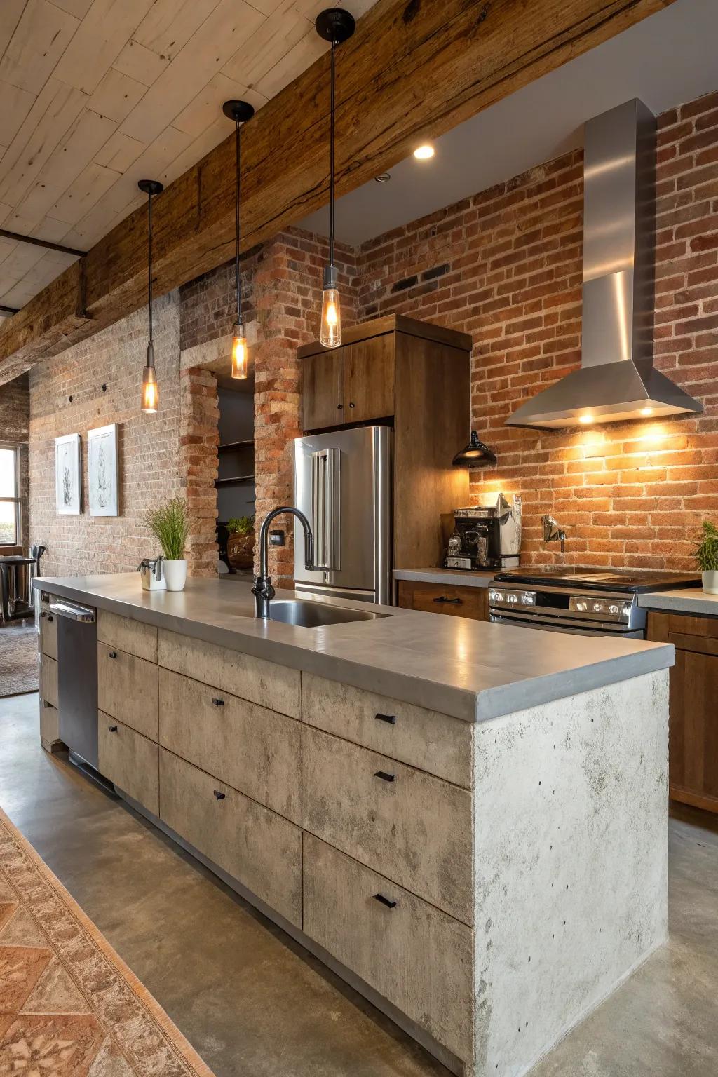 Cement countertops offer industrial chic with versatile elegance.