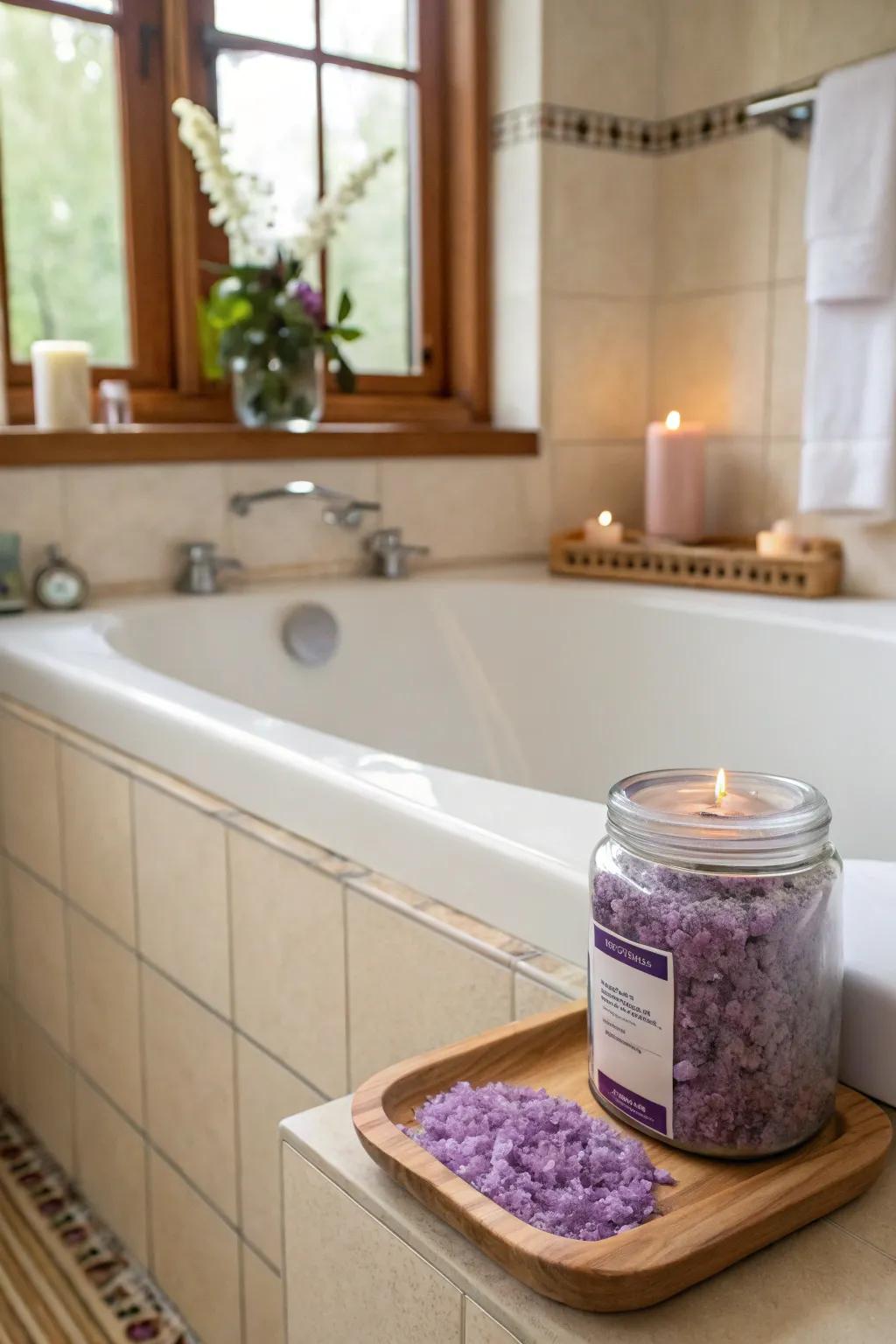 Enjoy a calming bath with homemade lavender soak crystals.