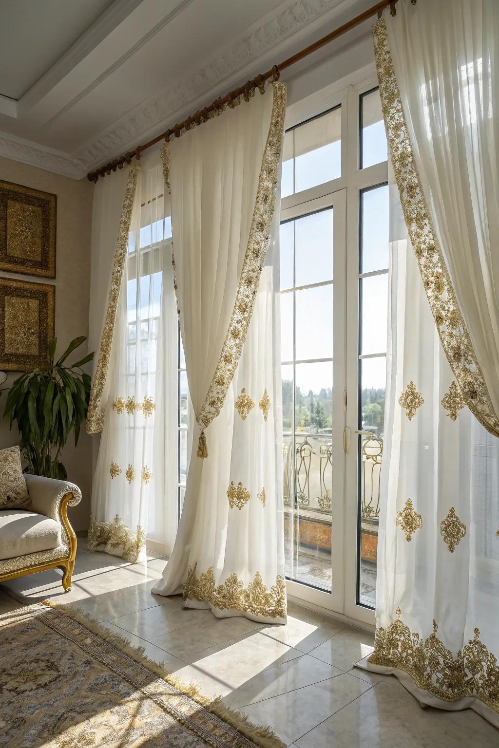 Gilded-embroidered ivory window coverings frame windows with class.