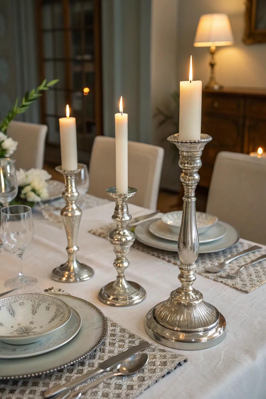Set a warm ambiance with silver candleholders and ivory candles.