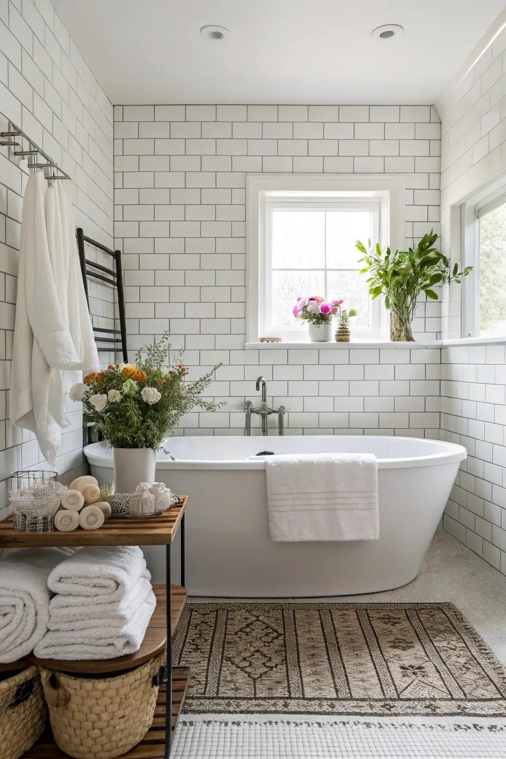 A separate tub adds opulence to a bleached-tiled bathroom.