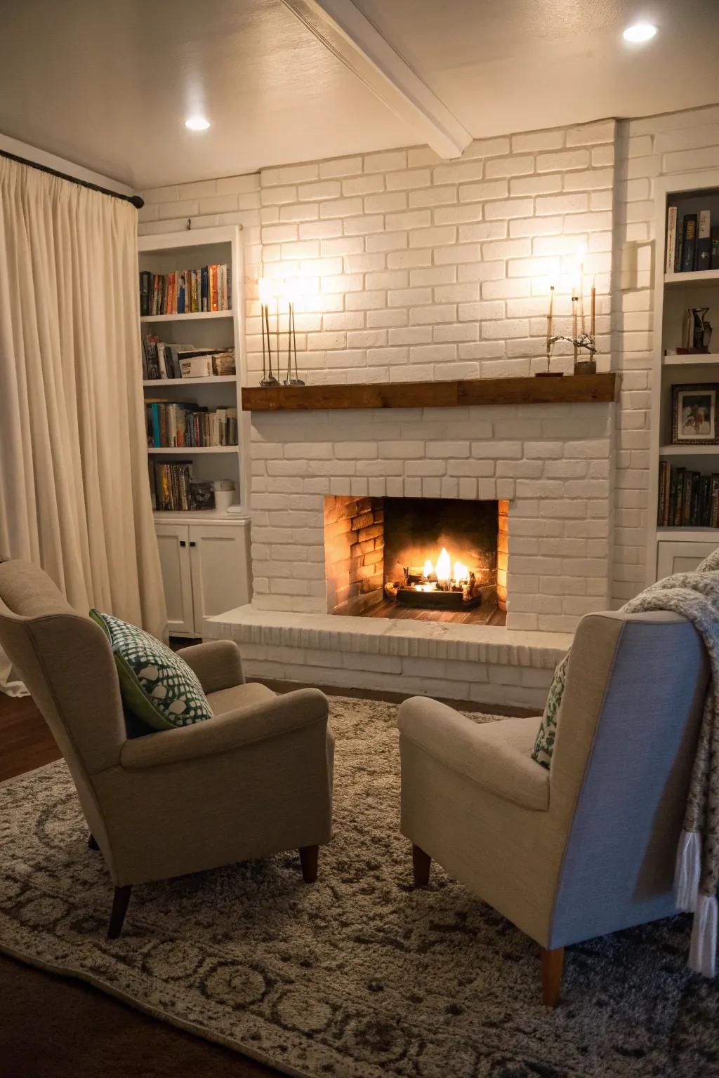 Inviting seating encourages warmth and conviviality by the fireplace.