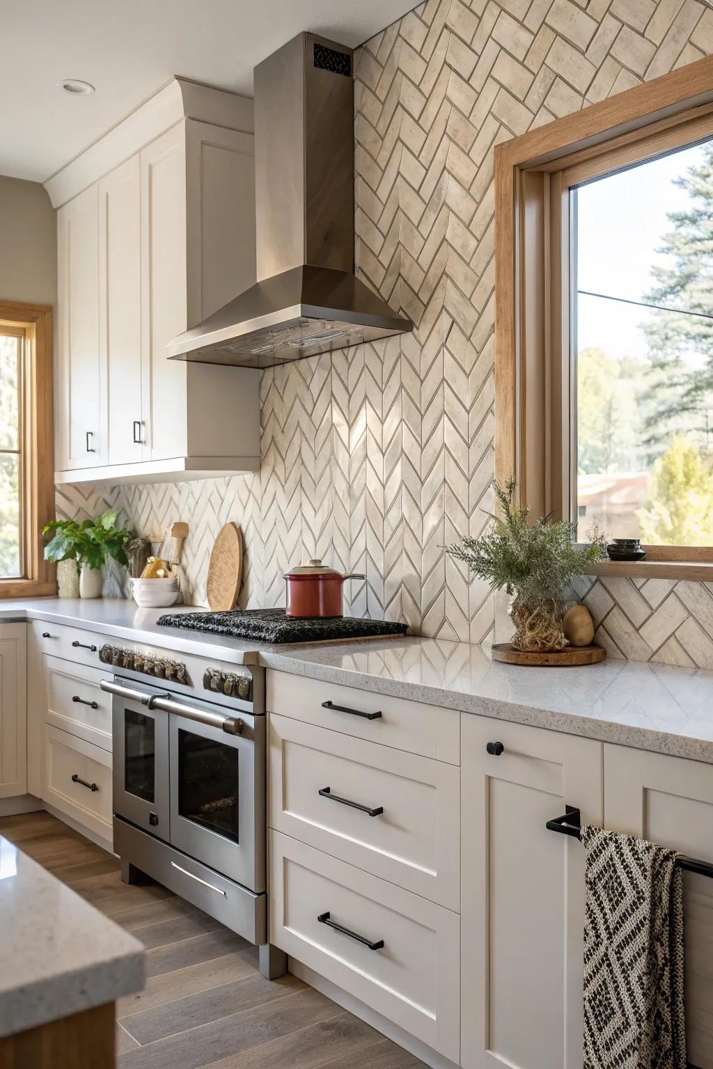 Herringbone pattern stone composite backsplash adds dynamism to the kitchen.