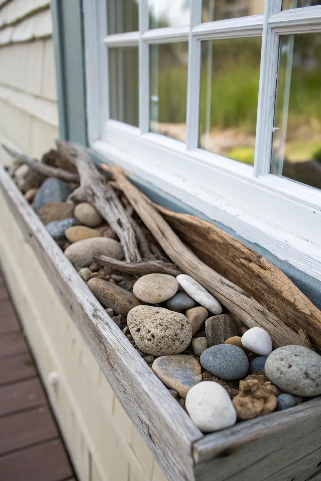 Elemental artistry showcased through driftwood and pebbles in a window box