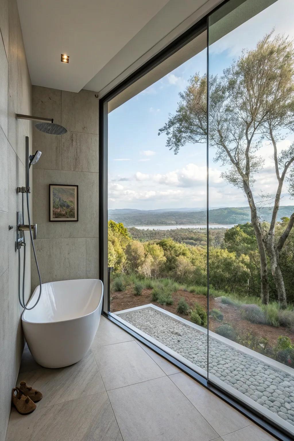 A picture window gifts a captivating view from within the shower.
