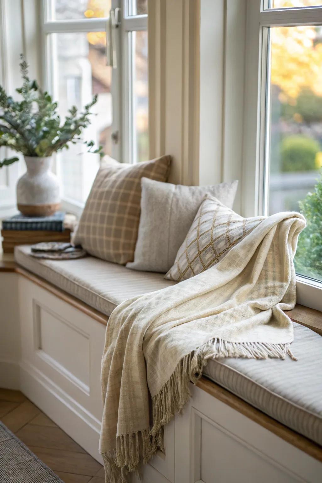 A windowsill changed into a cozy seating area.