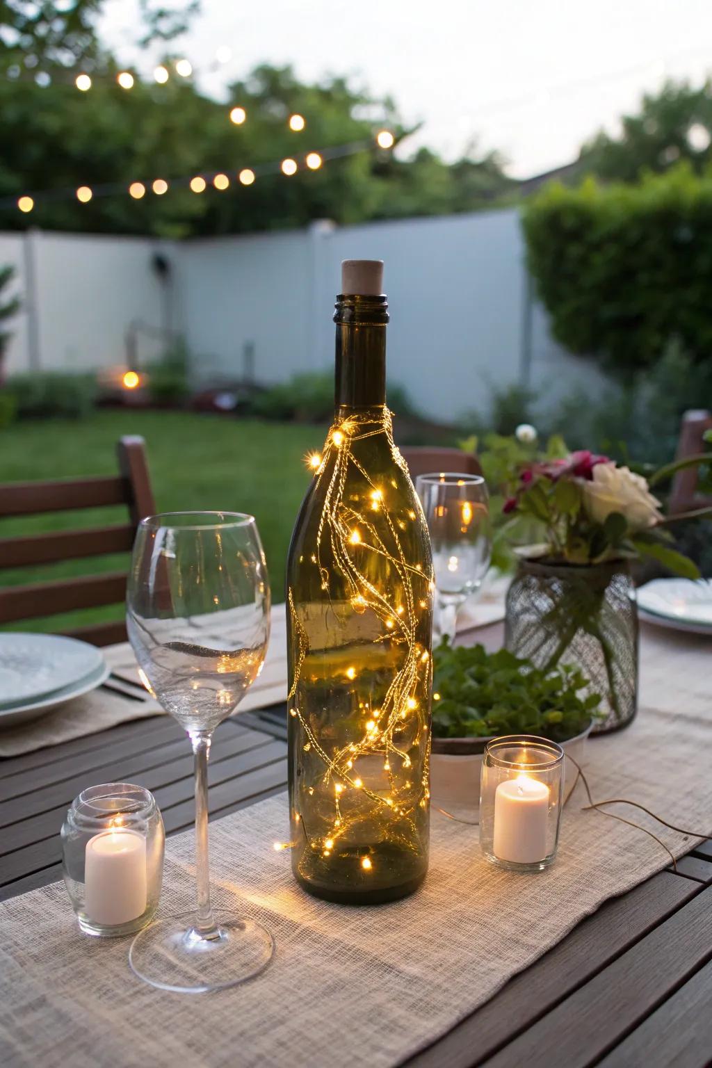 Petite lights in a wine bottle generate a magical ambiance.