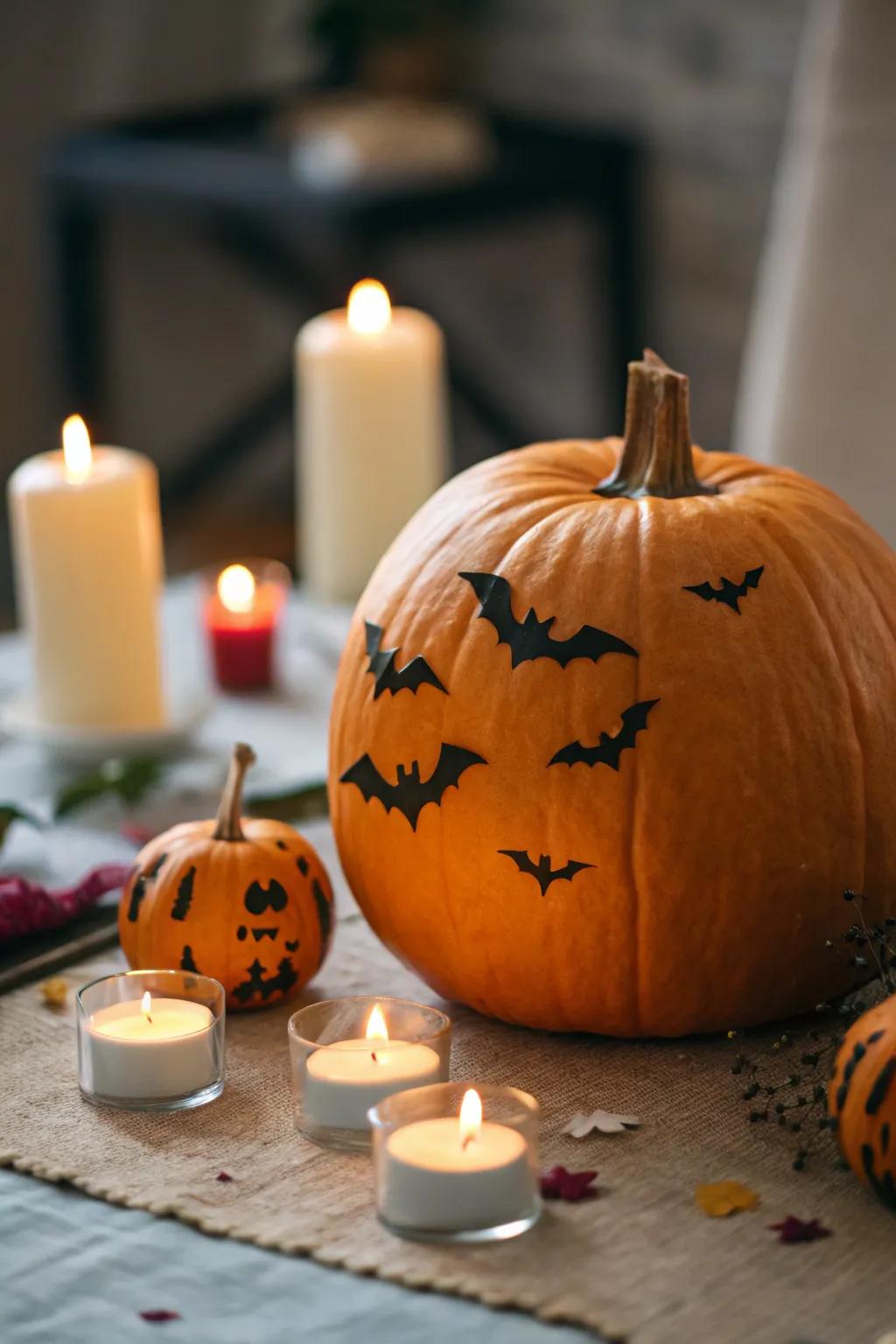 Jack-o'-lantern showcasing whimsical chiropteran embellishments.