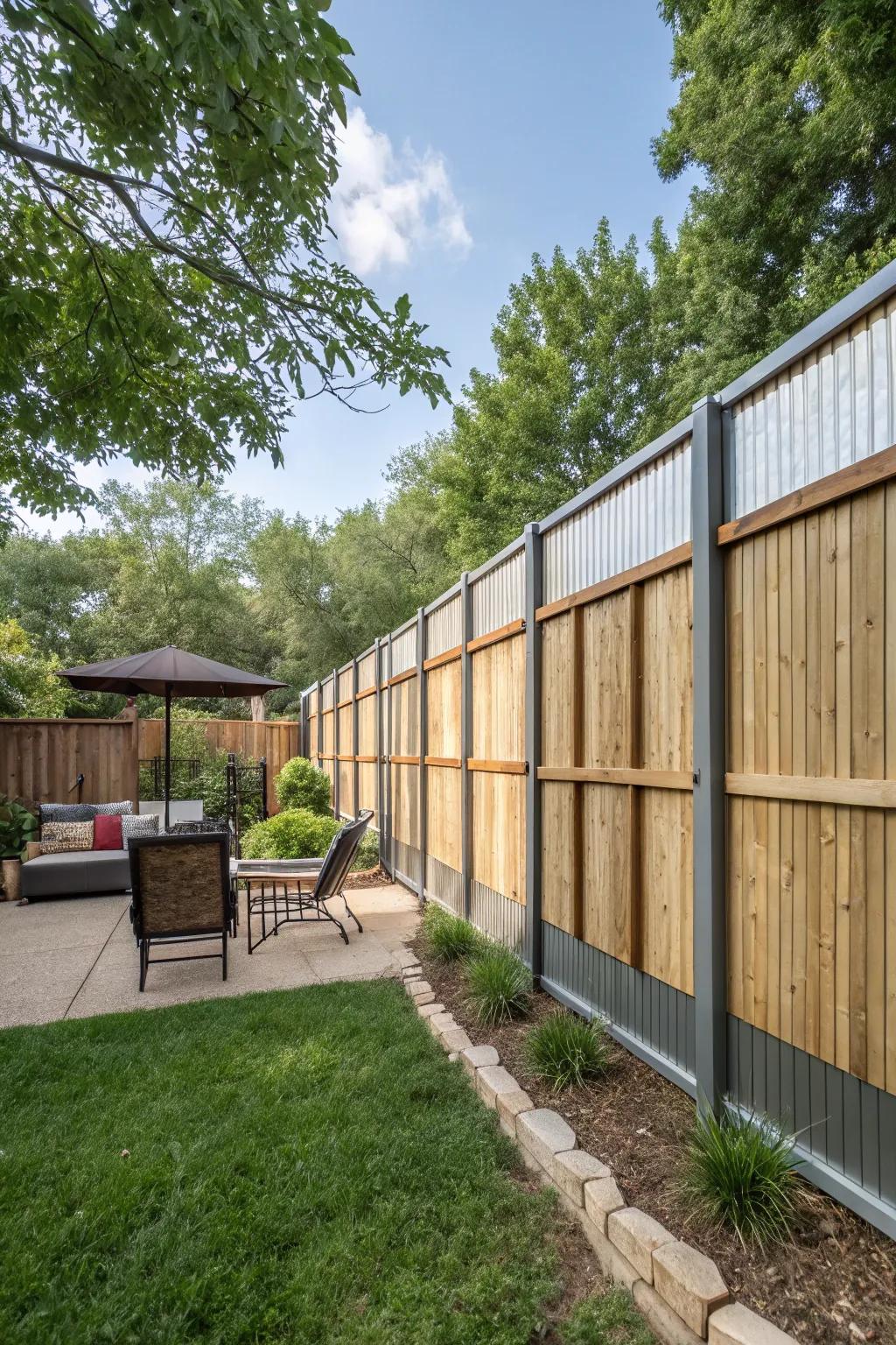 A privacy fence with a creative turn of swapping wood and metal paneling.