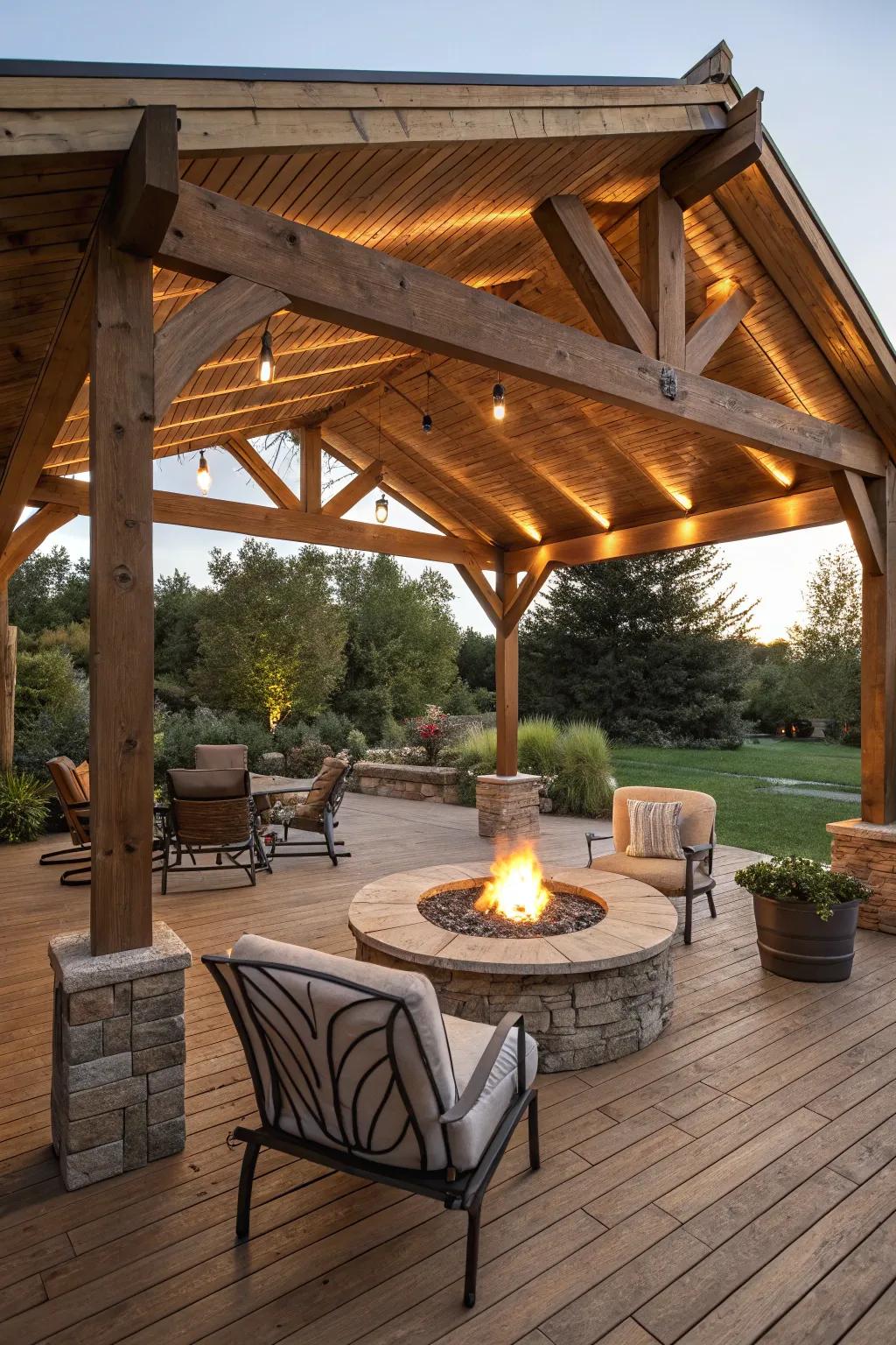 An inviting patio roof with a radiant fire bowl.