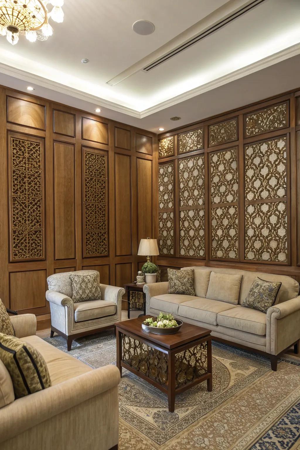 A living room showcasing wooden wall panels that bring depth and warmth.