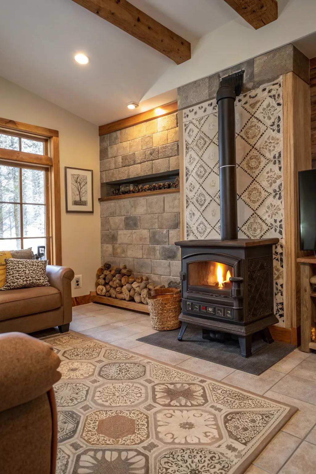 Mixing tile styles and textures provides a distinctive and personal wood-burning stove area.