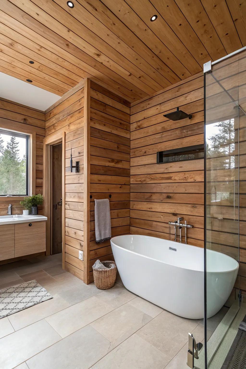 Elegant head-to-toe groove joint applies luxury to this bathroom.