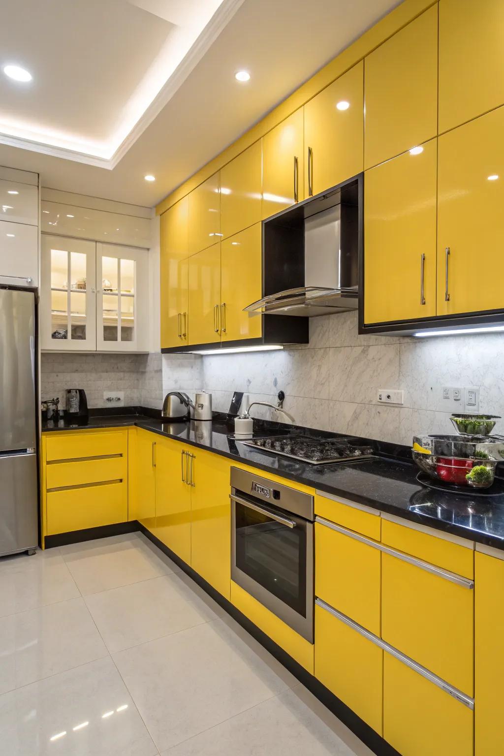 Bold contrast with yellow and black in a modern kitchen.