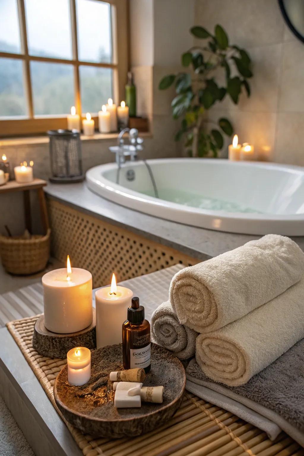 Spa-inspired accessories amplify the unwinding sensation within a zen bathroom.