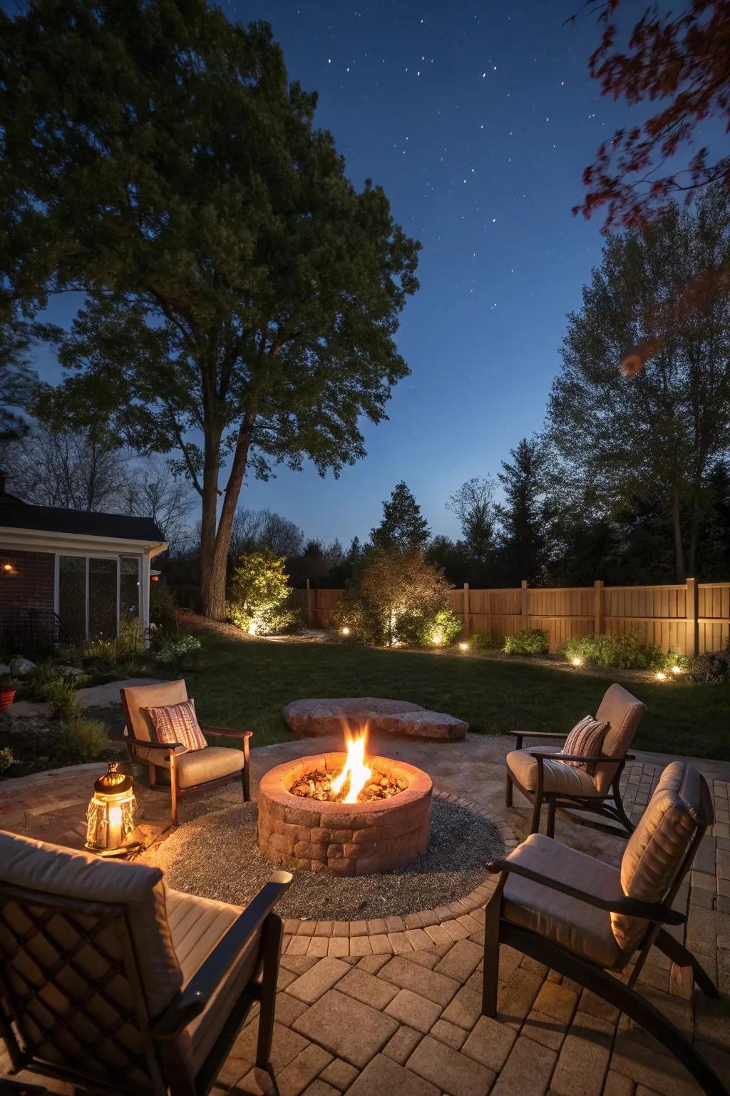 A cozy campfire area perfect for dusk gatherings with friends.