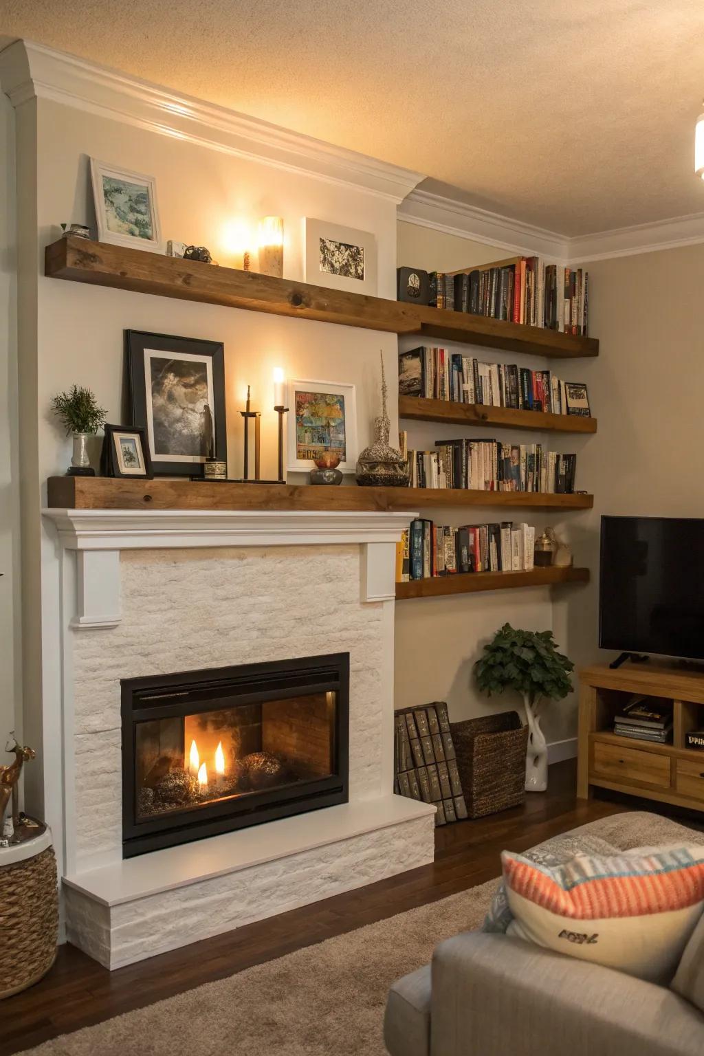 Wall-mounted shelves furnish a flexible and individual display above the fireplace.