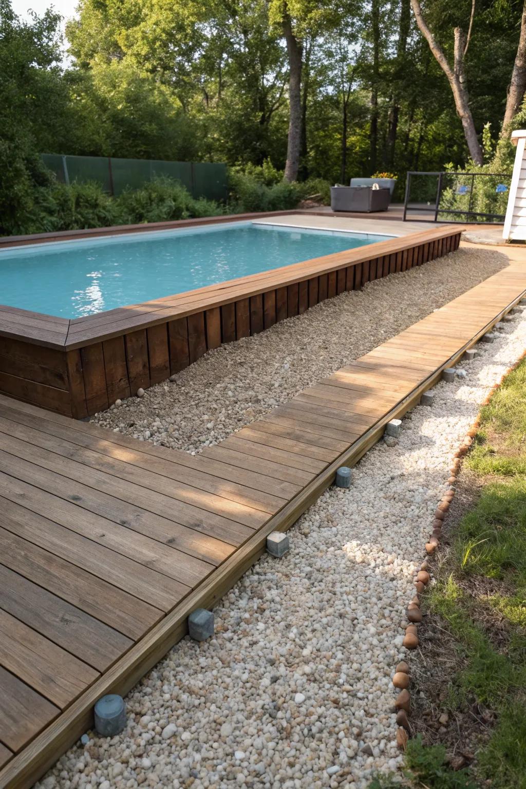 Amplify your poolside experience with a gravel path that defines and enhances your above-ground deck affordably.