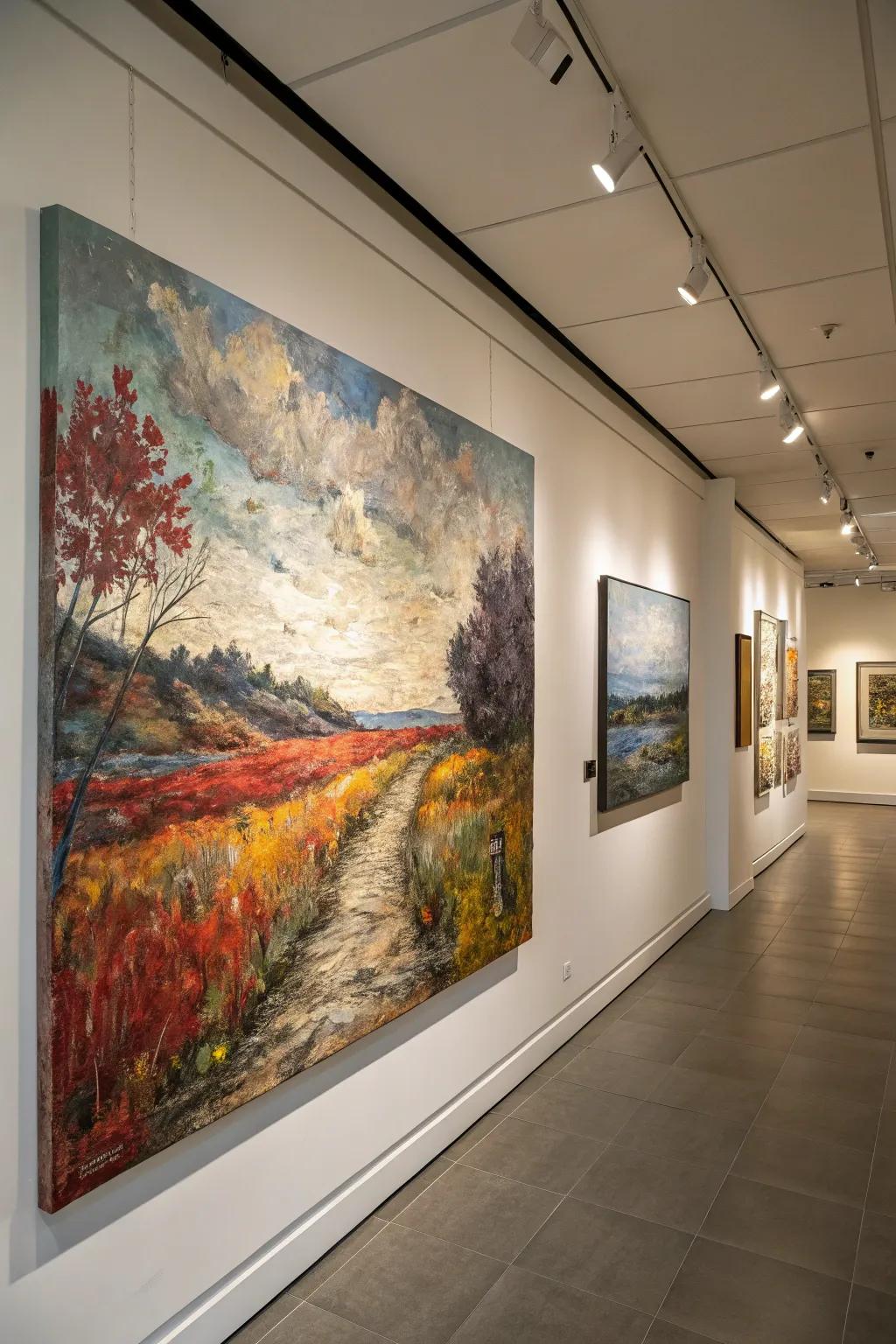 Embossed landscape artwork adding depth and intrigue to a gallery wall