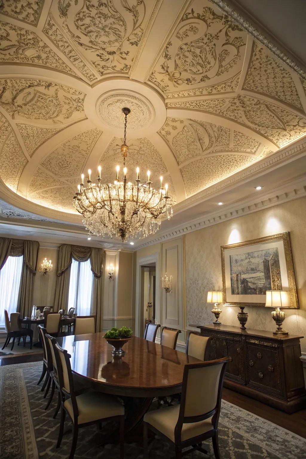 A chandelier elegantly accentuates the ceiling's elaborate detailing.