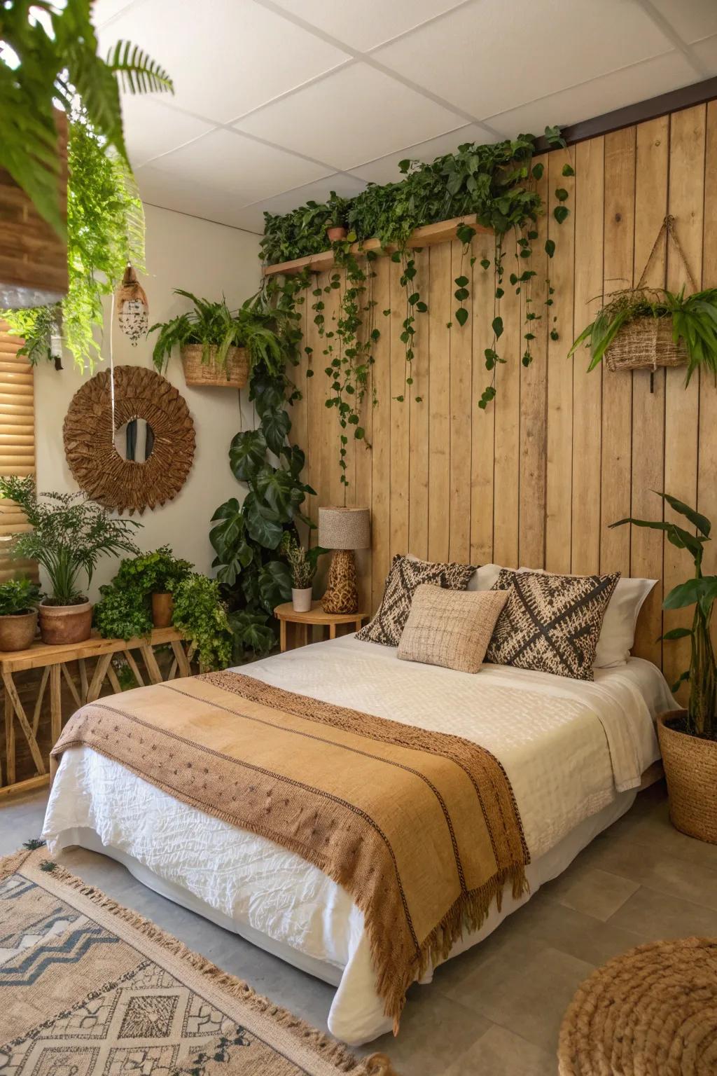 Natural parts on the accent wall give peacefulness and calm to the area.