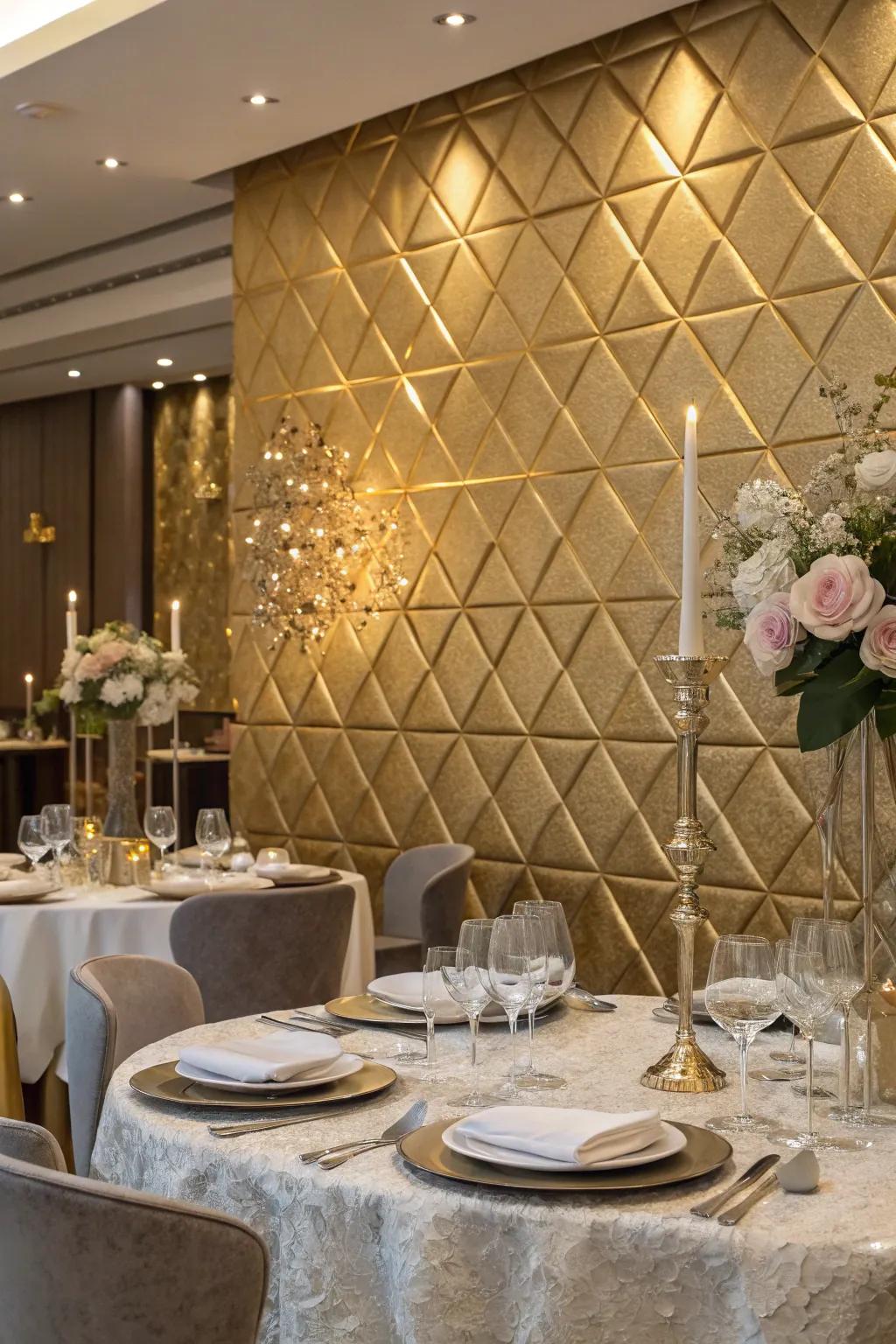 A lavish dining space featuring a shimmering metallic accent wall.