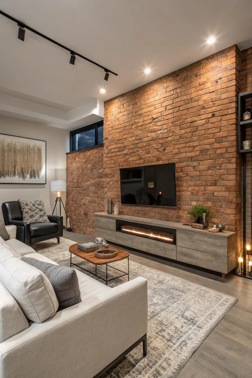 Industrial chic comes to life with exposed brick and a modern fireplace.