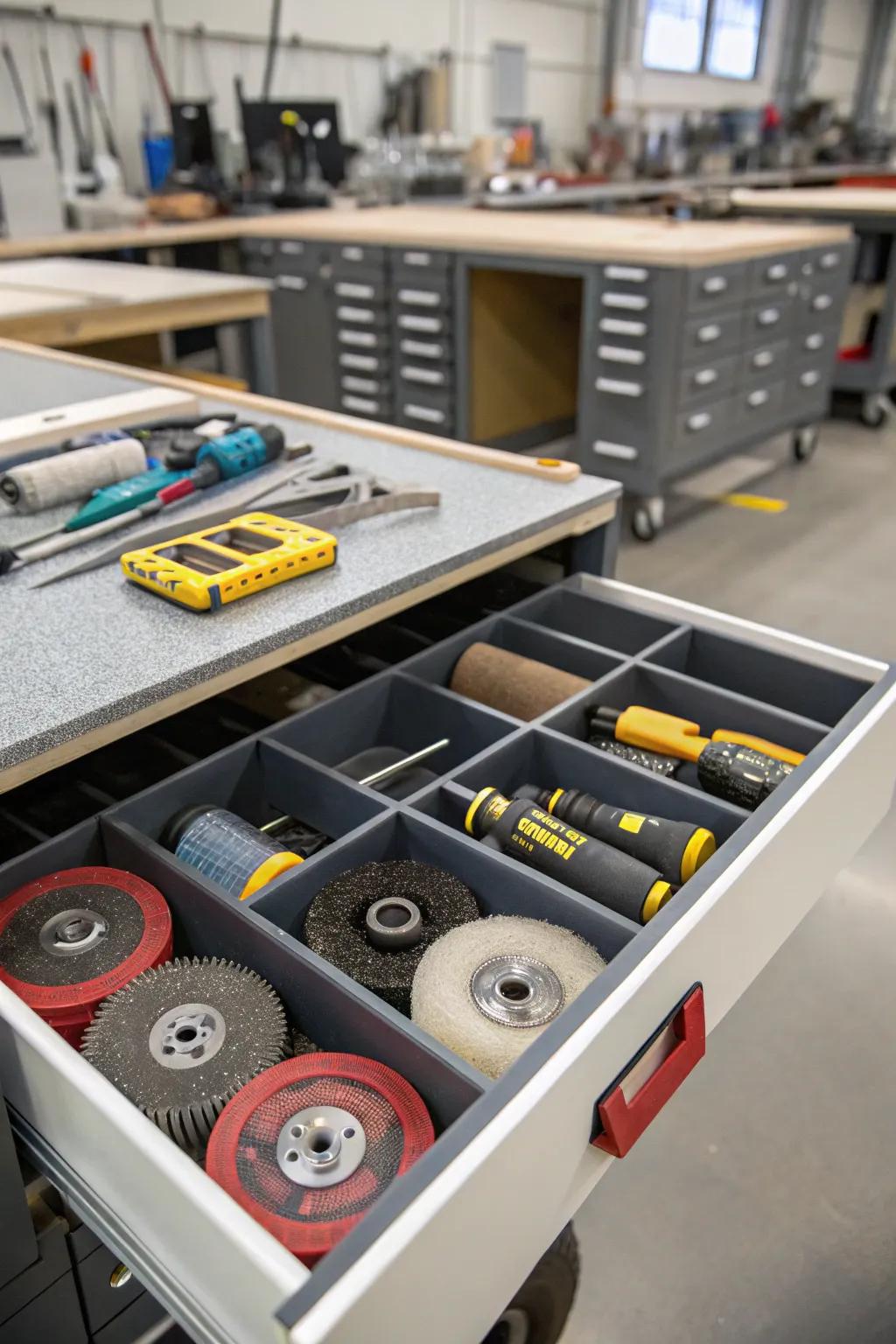 Neat drawer dividers for arranging angle grinder discs and add-ons.