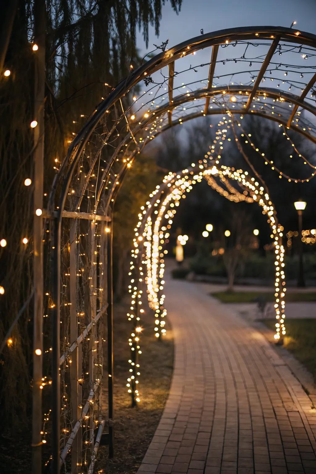 A fantastic arch illuminated with strands of fairy illuminations for a bewitching ambiance.