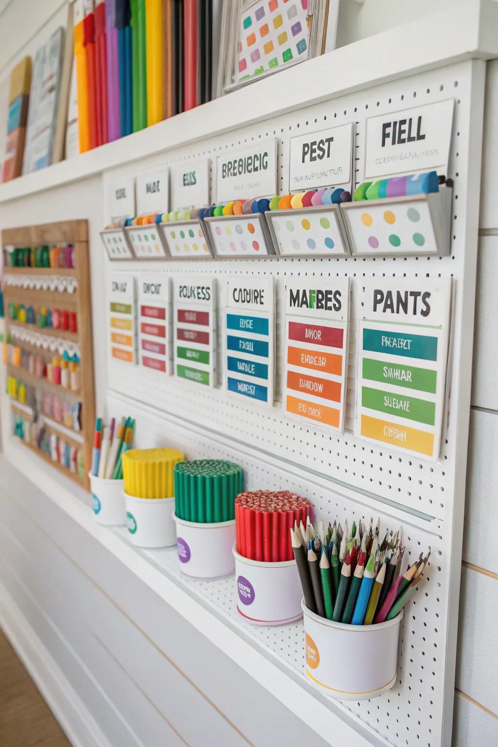 An organized display board with labeled sections for art materials.