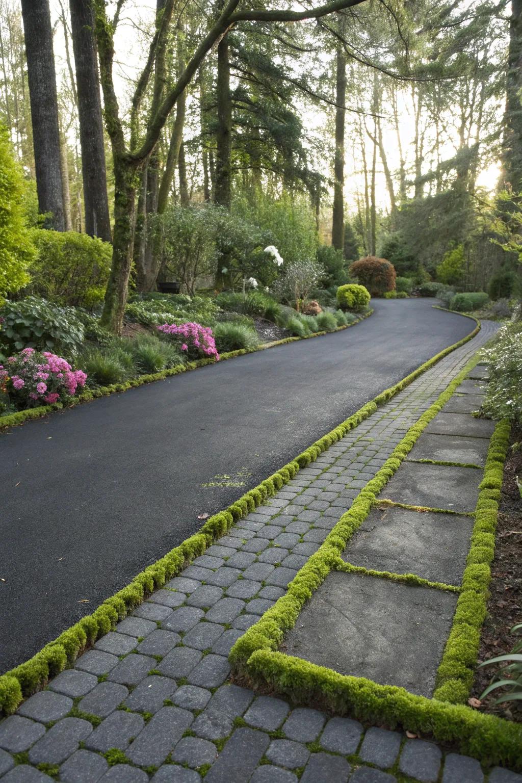 Moss-packed pavers add a whisper of nature to this eco-forward driveway.