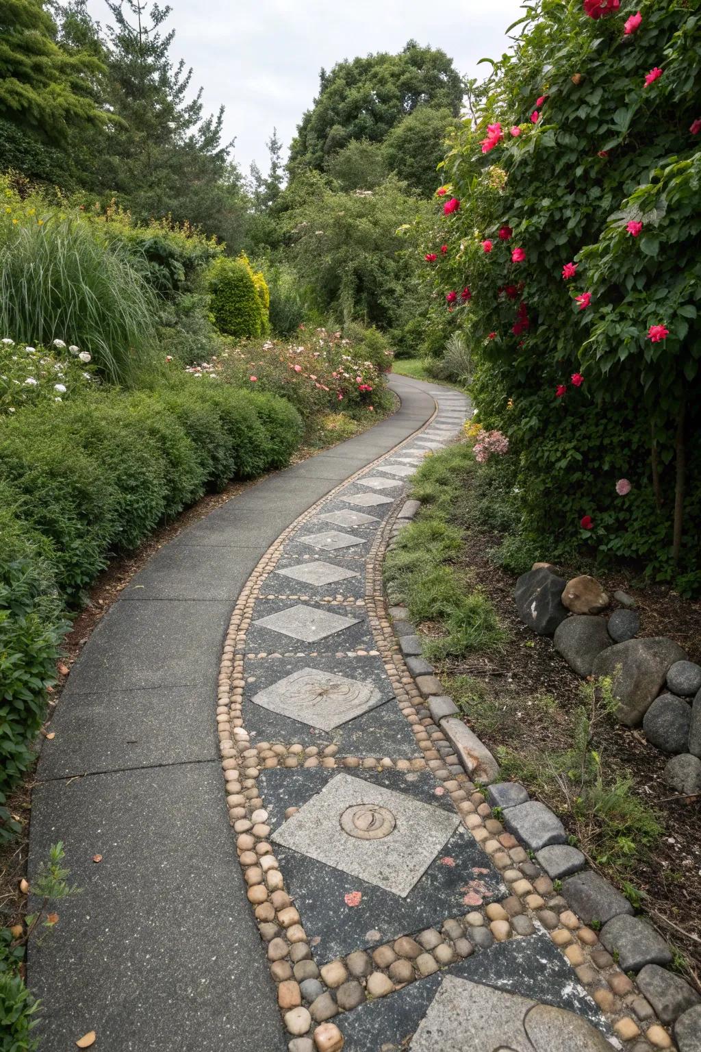 Embedded stone features add a rustic appeal to asphalt surfaces.
