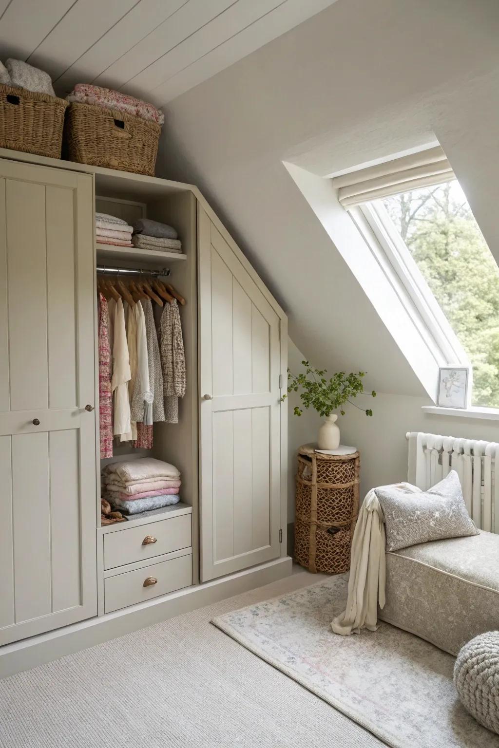 Pale tones amplify the visual area in an attic closet.