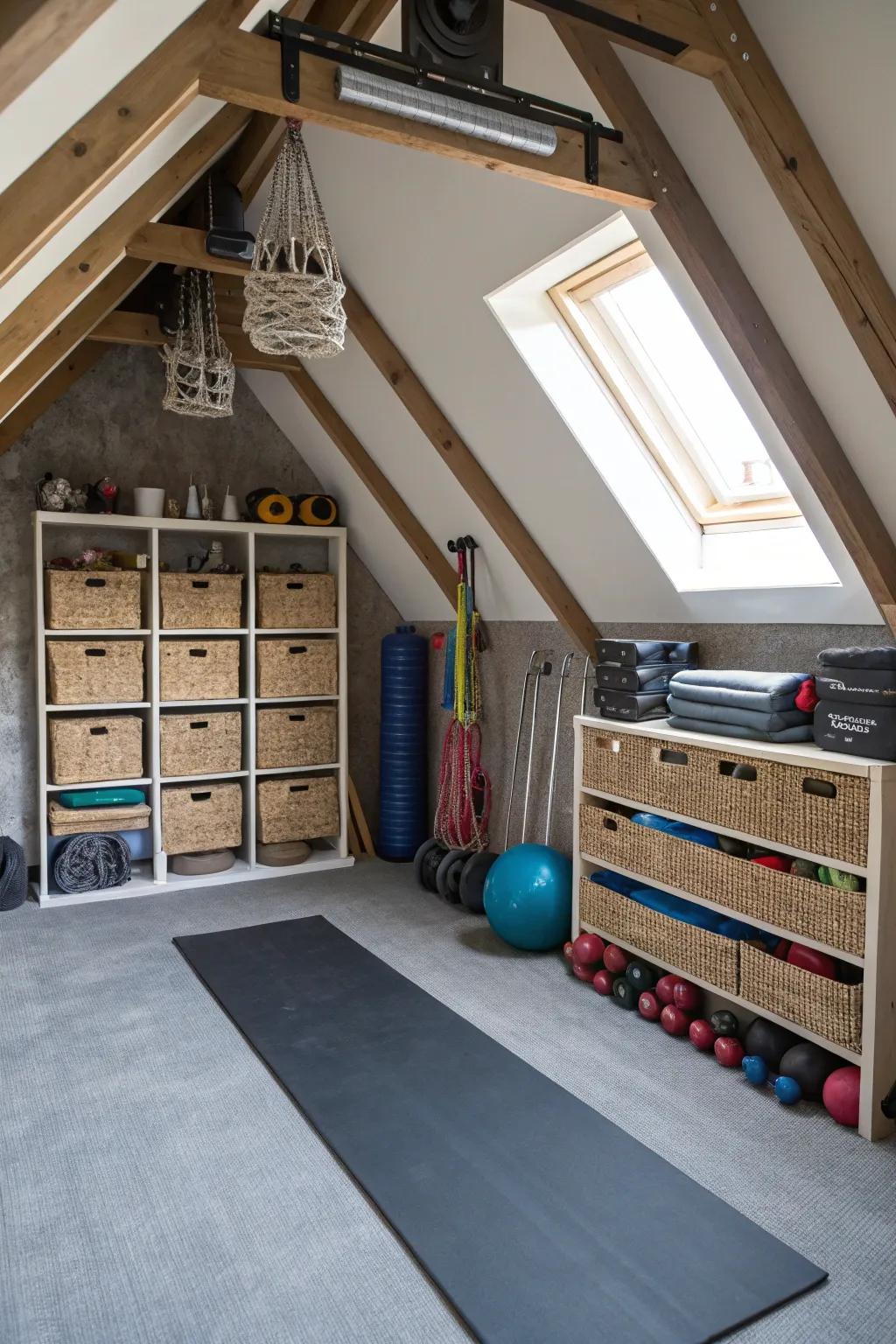 Creative use of attic angles for fashionable storage.