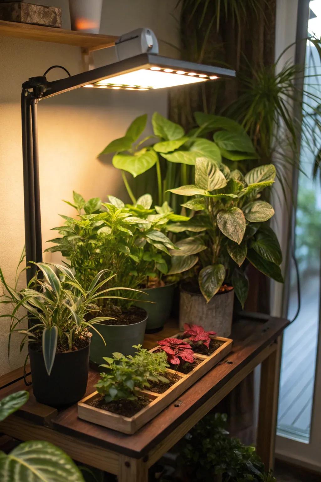 A snug corner plant retreat brought to life by a focused grow light.