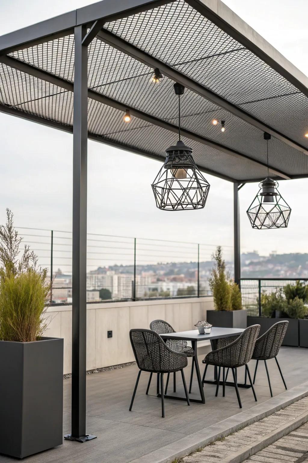Accomplish an industrial visual through a metal netting canopy.