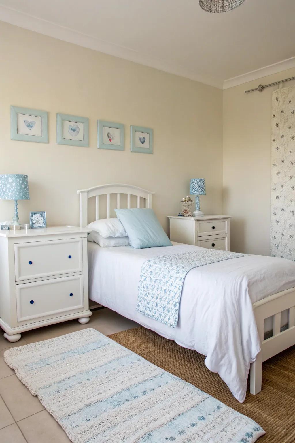 Modern minimalism combines with tranquility in a pale sky-themed bedroom.