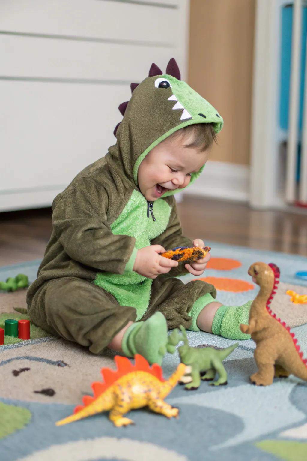 This tiny roaring beast is all set to stomp around the Halloween party.