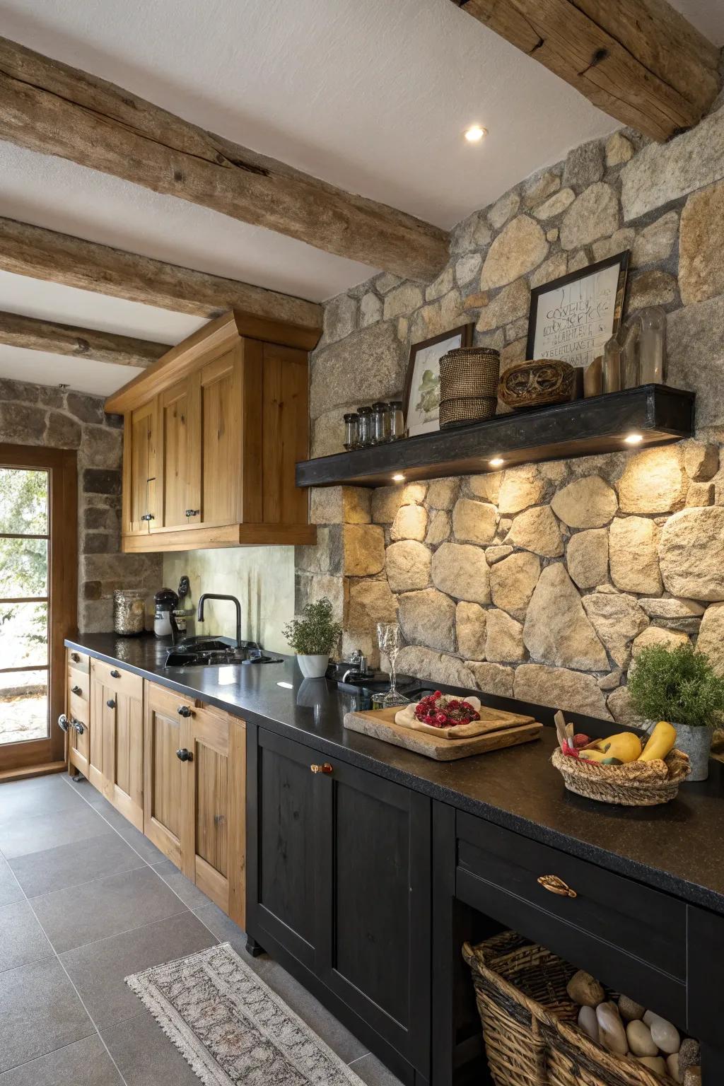 Organic stone backsplashes add countryside charm and warmth.
