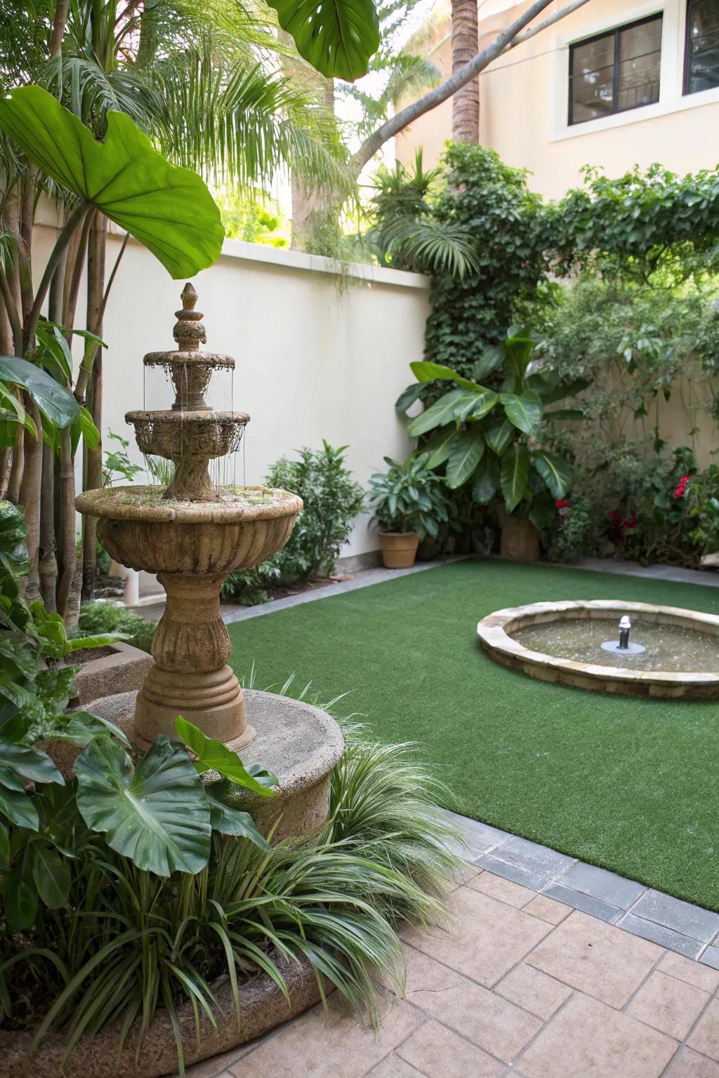 Artificial turf delivers a lush, green covering for your patio all year.
