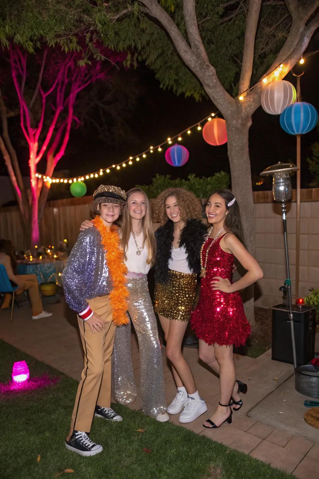 Attendees enjoying the celebration in their glamorous themed attire, radiating joy and excitement.