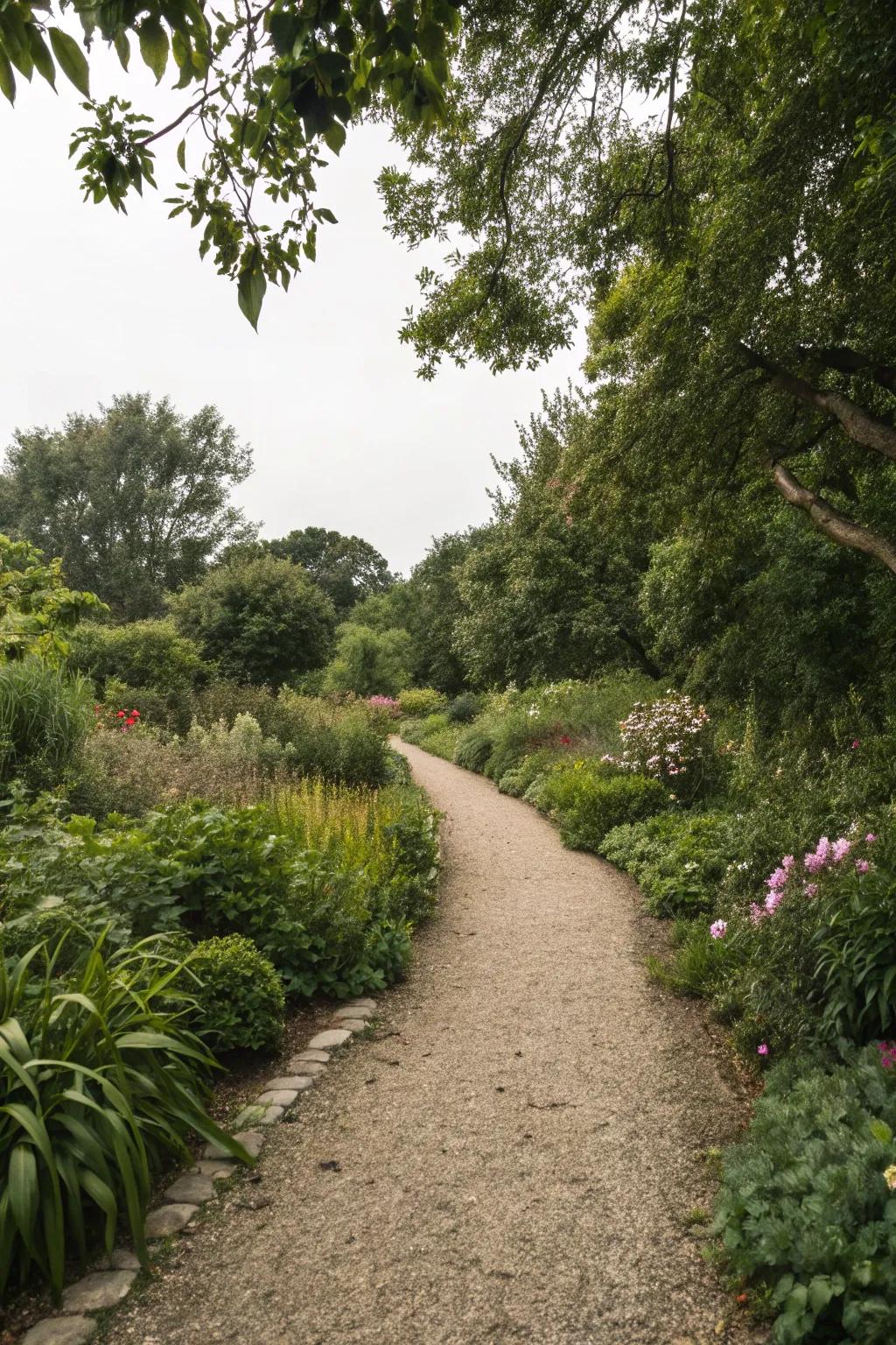 A textured gravel path weaving through a garden with natural elements.