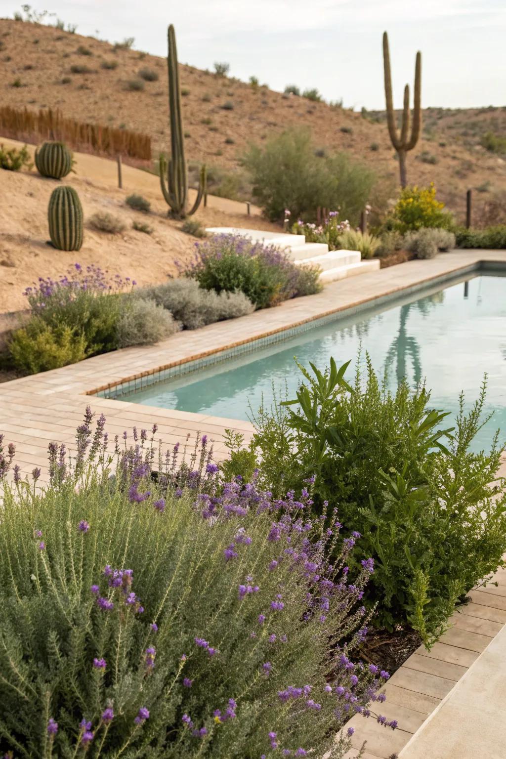 Arid-resistant plants beautifully integrate foliage into your pool space.
