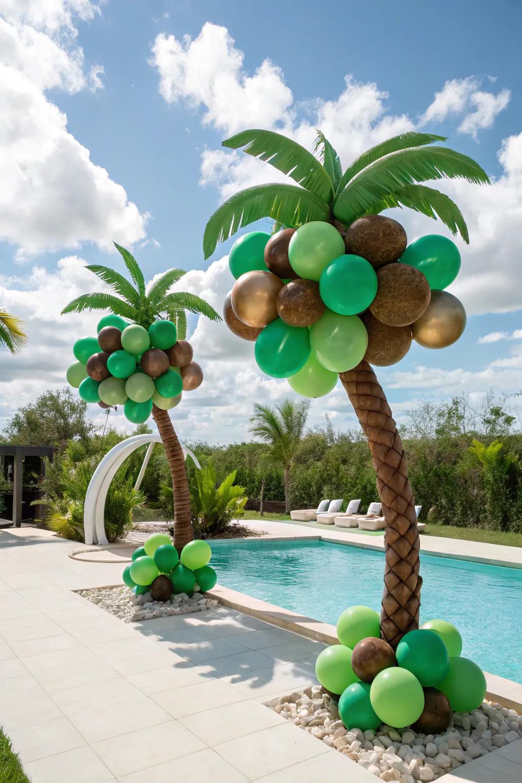 Exotic balloon palm structures for a playful, seaside vibe.