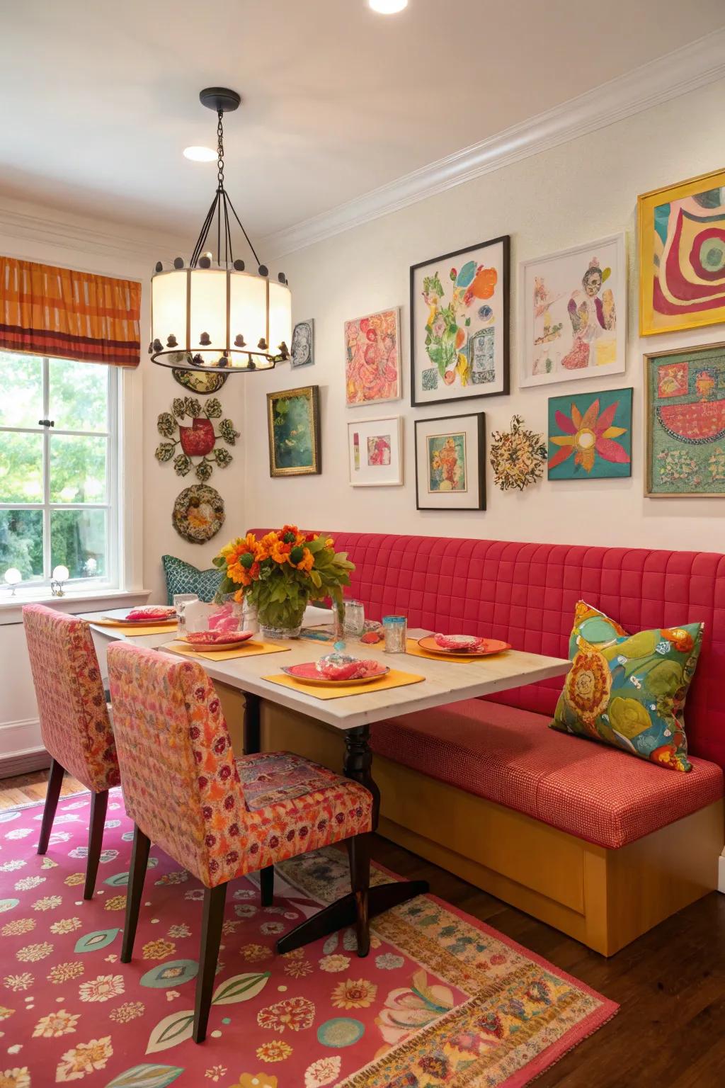 A lively dining area features brightly colored banquette seating, creating an energetic atmosphere.