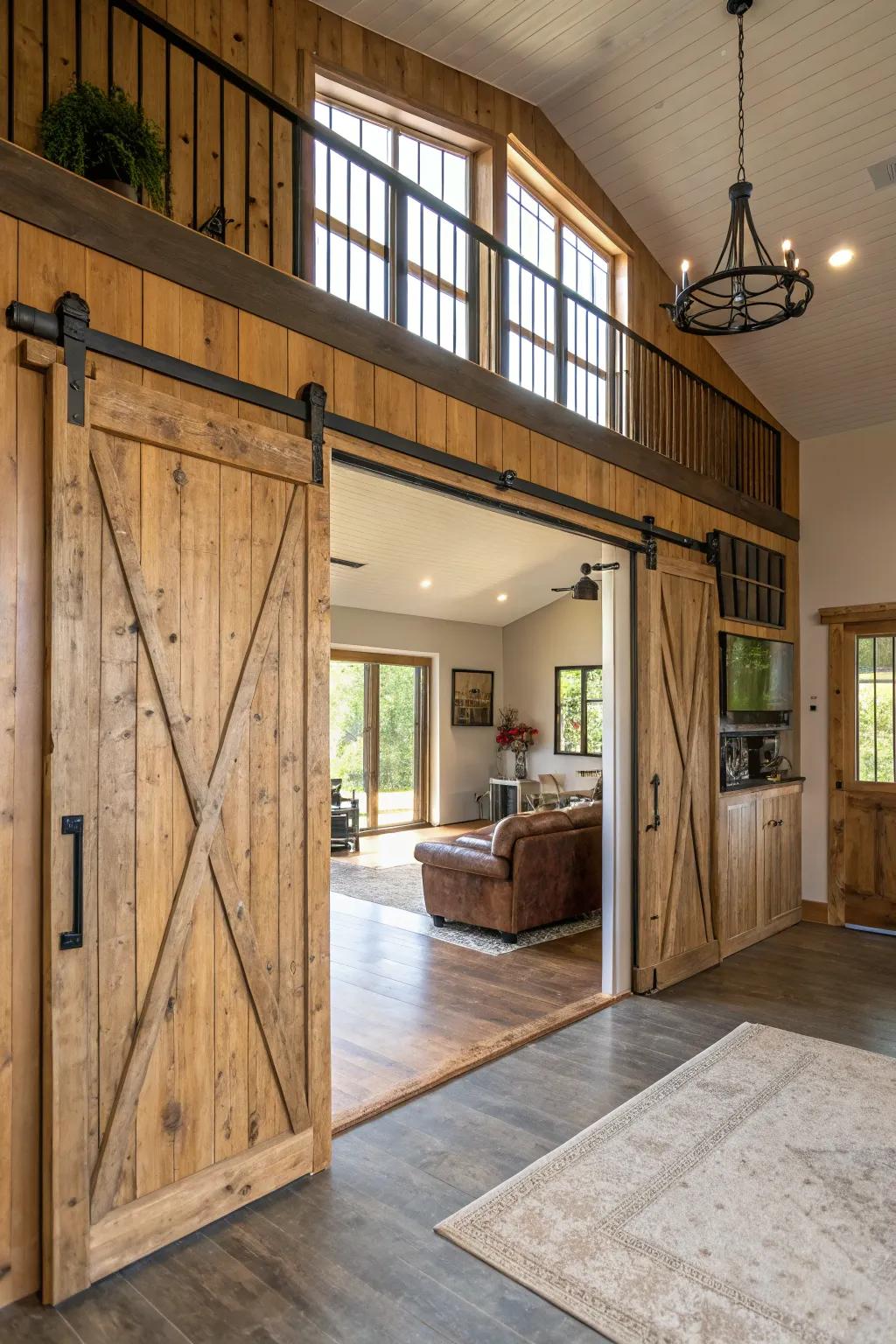 The barn-style doors in this exquisitely designed barndominium are both functional and fashionable.