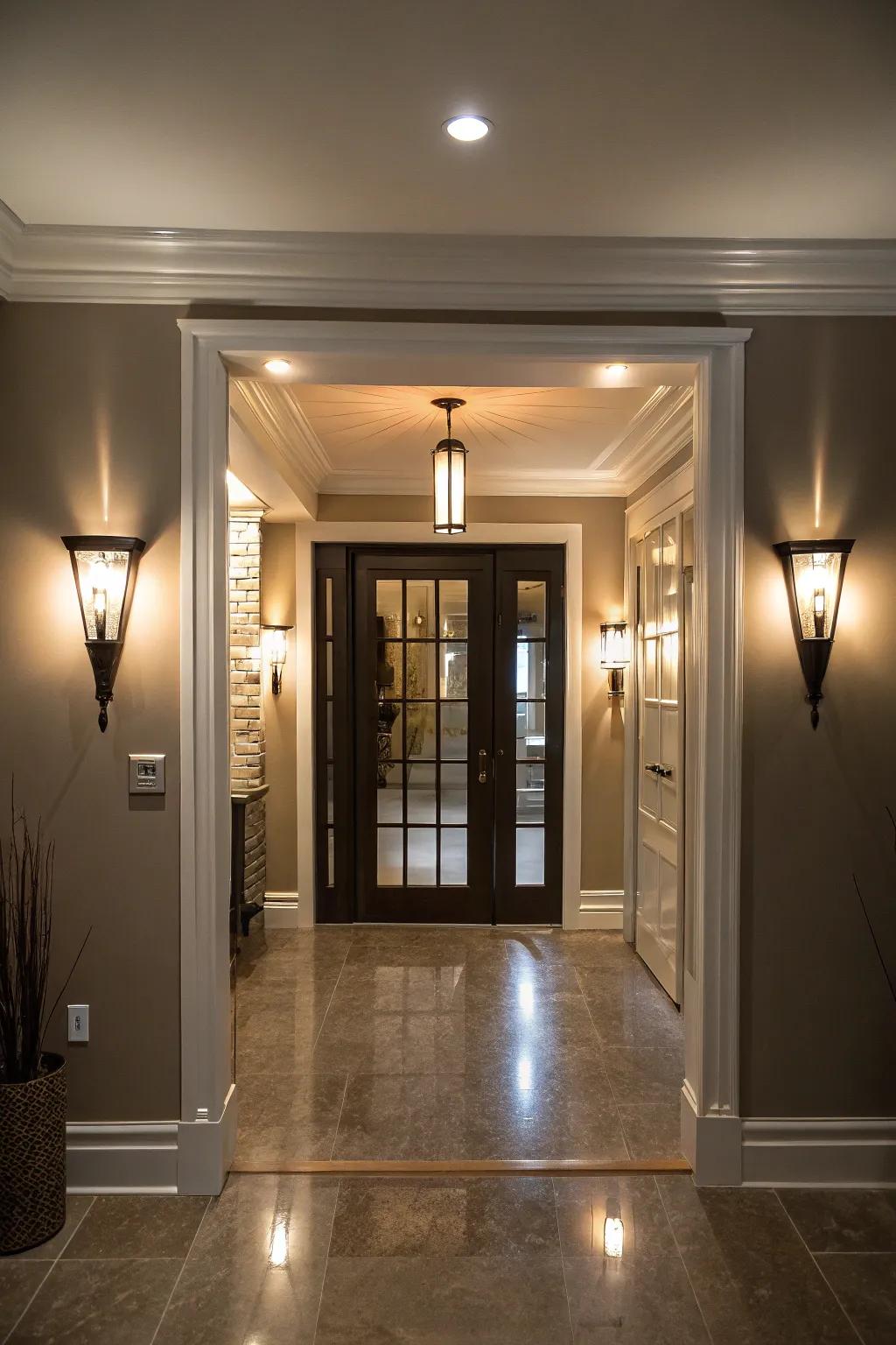 Strategic lighting boosts the aesthetic appeal of the basement door.